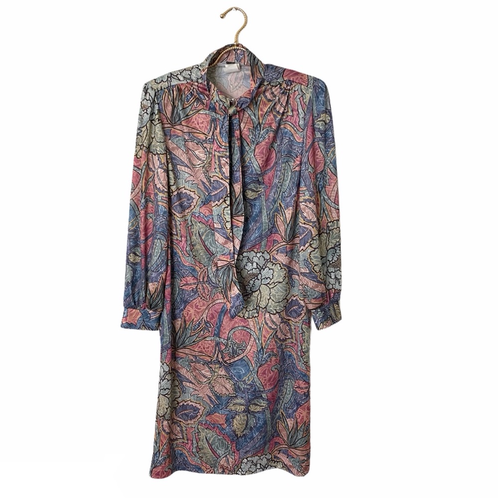 Anthony Richards Polyester Floral Shirt Dress Pussy Bow Tie Dress VTG SZ 10
